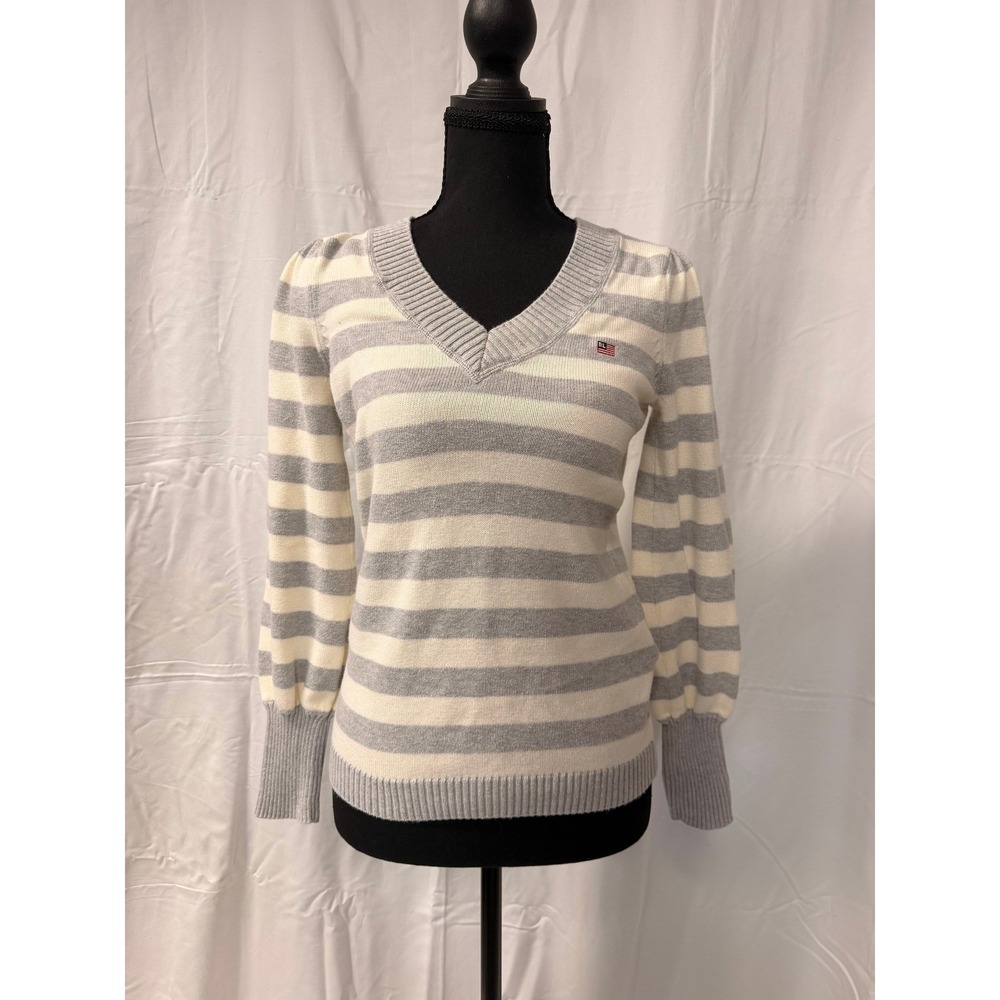 Vintage Y2K Polo Jeans Ralph Lauren Grey Cream Stripe V Neck Cotton Sweater S